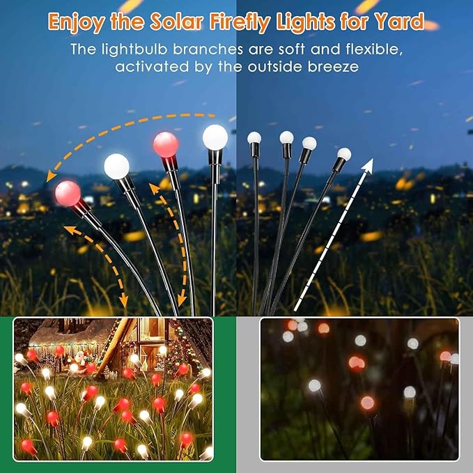 OZS 6Pack Total 48LED Solar Garden Lights Christmas Fairy Outdoor - Solar Firefly Lights Fairy Outdoor, Sway by Wind, Waterproof for Pathway Patio Yard Christmas Decorations(Red&White)