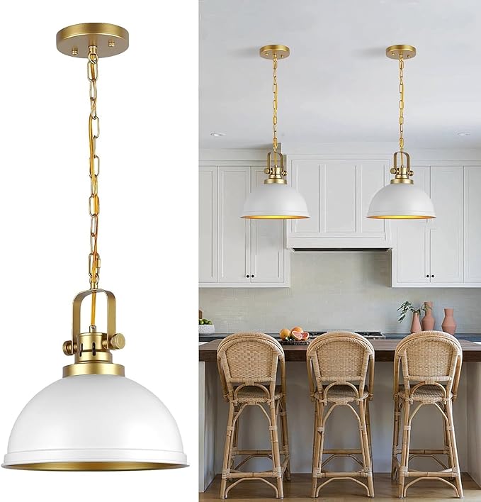 Modern White and Gold Pendant Lights,11.8" Vintage White Gold Pendant Light Fixtures Iron Dome Lighting Hanging Ceiling for Kitchen Island Dining Room Restaurant Bedroom Farmhouse Entrance