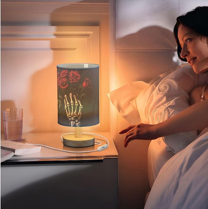 Skeleton Hand Roses Bouquets Romantic Bedside Table Lamps with USB Port for Bedroom Lamp Accent Table Lamp Small Nightstand Lamp Sturdy Linen Shade Wooden Base Decorative Lamps for Kids|Dorm|Home
