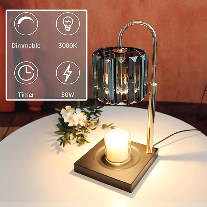 Candle Warmer Lamp with Timer, Dimmable Electric Candle Wamer Adjustable Height, Gifts for Women Mom, Glass Modern Candles Melter Lamp, Black