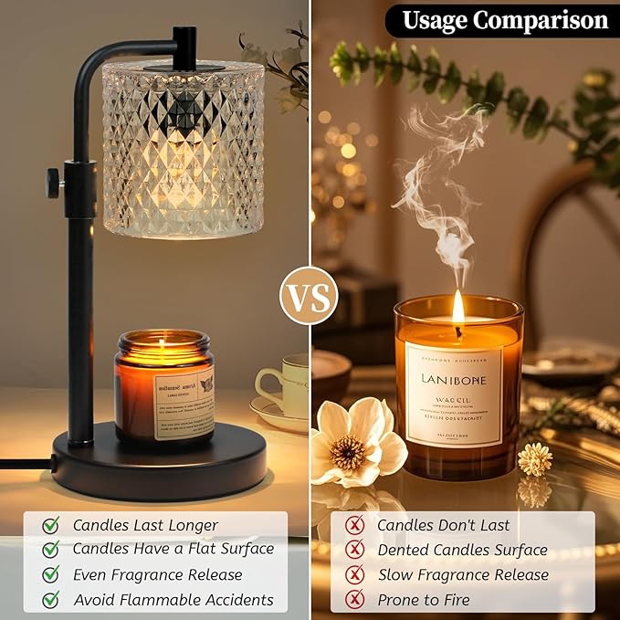 Candle Warmer Lamp with Timer, Adjustable Height Candle Warmer Glass Candle Lamp Warmer for Jar Candles, House Warming Gifts Home Decor Gifts for Women (Black-Glass)