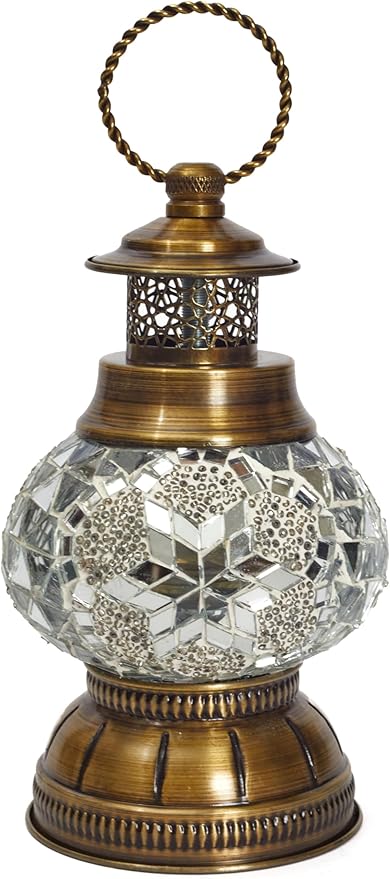 Portable Turkish Mosaic Lamp – Handmade Tiffany-Style Glass Light with Bronze Base and LED Bulb – Battery Powered Bedside Decor Lamp (White Star Pattern) – Globe Size 6.5"