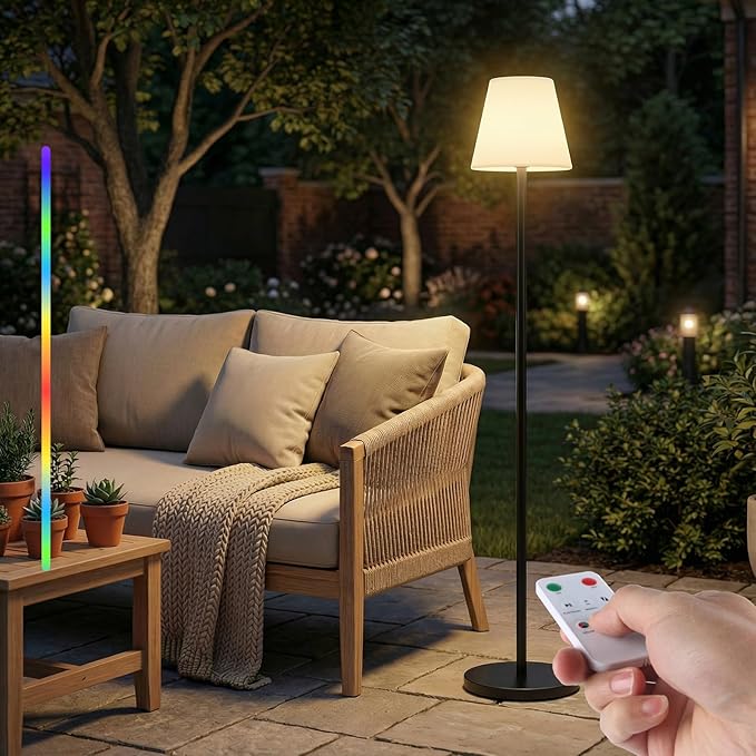 Solar Outdoor Floor Lamp with Light Sensor,Solar+USB Charging Outdoor Lamps for Patio Waterproof Rechargeable Floor Lamp Cordless Dimmable Warm White RGB LED Patio Lamp for Yard Garden Lawn.