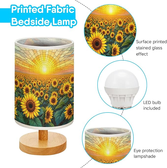 Sunflower Field Table Lamp LED 3-Color Pressed Bedside, Sunflower Field Shade Lamp with Wood Base for Bedroom Living Room Desk Office TL01
