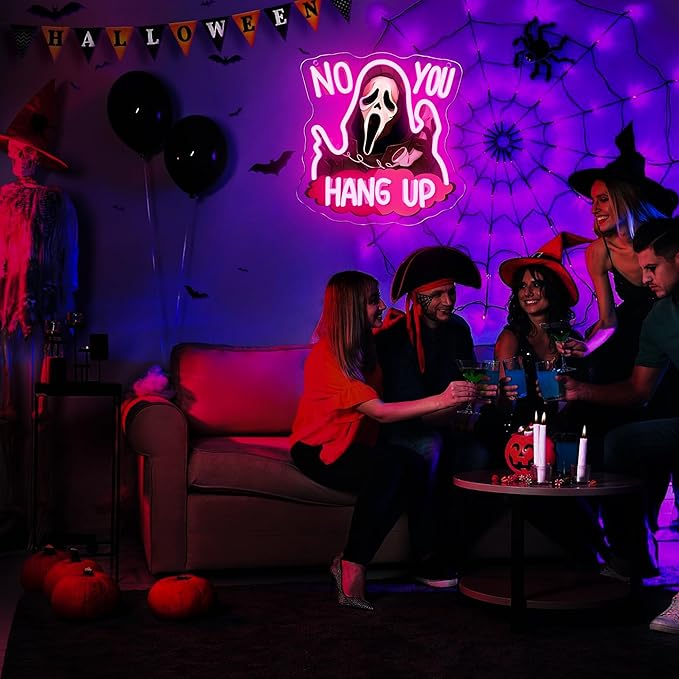 Symone No You Hang Up Halloween Ghostface Mask Neon Sign, Halloween Skull Neon Light USB Powered, for Halloween Party Spooky Decor Neon Horror Decor Horror Movie Sign Halloween Gifts(11.8 * 11.6 In)
