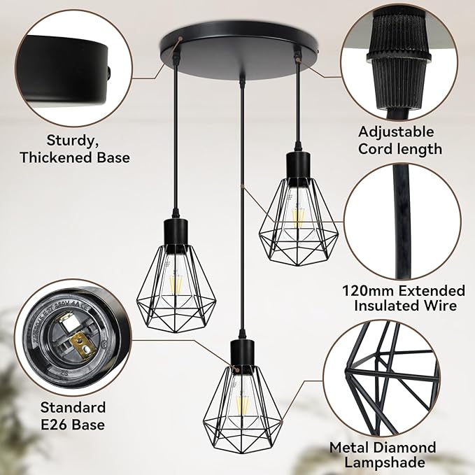 3-Light Pendant Light Fixtures, Adjustable Farmhouse Hanging Light Fixtures with E26 Base, Industrial Vintage Ceiling Lamp for Kitchen Island, Dining Room & Hallway