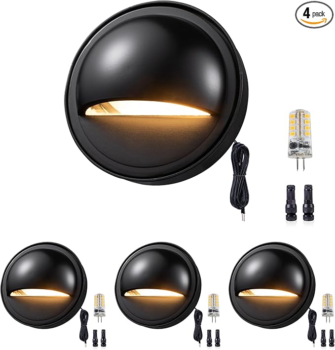 Gardenreet Low Voltage LED Deck Lights - Solid Brass Landscape Step Lights, Outdoor 12V Hardwired IP65 Waterproof Black for Stair Patio Wall Yard with 3000K Soft White 3W 270LM G4 Bulb 4 Pack