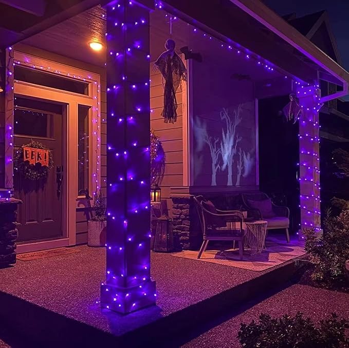 YEGUO 66ft 200 LED Purple Halloween Lights Outdoor Waterproof, Green Wire Christmas String Lights Indoor, 8 Modes Twinkle Tree Lights Plug in with Timer Memory