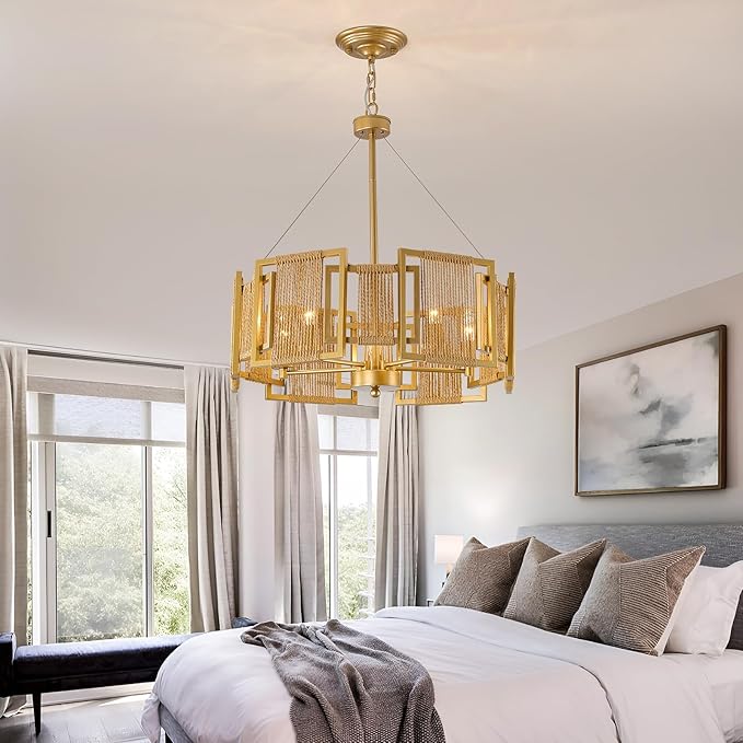 4-Light Boho Rattan Chandelier Light Fixture,Large Hand Woven Gold Pendant Light Fixture Farmhouse Rustic Hanging Light for Kitchen，Bedroom, Dining Room, Living Room, Hallway, Foyer