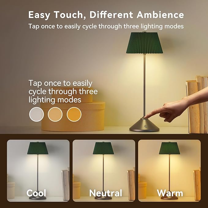Cordless Rechargeable Table Lamp – 3 Adjustable Color Temperatures, Lightweight & Portable, Matte Metallic Finish, Waterproof, Battery Operated for Indoor& Outdoor Use (White)