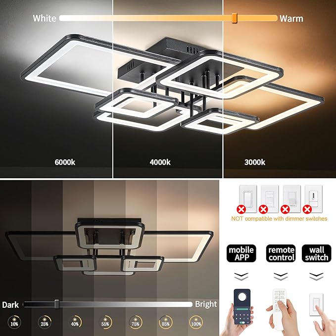 Modern LED Ceiling Light Fixture Black Kitchen Lighting Fixtures Ceiling for Bedroom 31.5" Dimmable 6 Ring Square Ceiling Light for Kitchen with Remote Control for Living Room,Dining Room