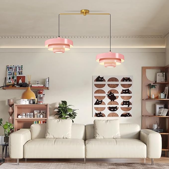 Pink 2-Light Pendant Light Industrial Chandelier, Vintage Adjustable Hanging Lights Modern Pendant Lamp for Kitchen Island, Dining Room, Bedroom, Entryway