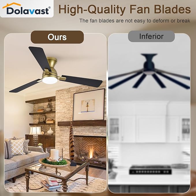 Ceiling Fans with Lights and Remote, 52 Inch Ceiling Fan with Light, Low Profile Reversible Ceiling Fans, Dimmable LED, Flush Mount, Quiet, DC Motor, Gold Ceiling Fan for Bedroom, Kitchen