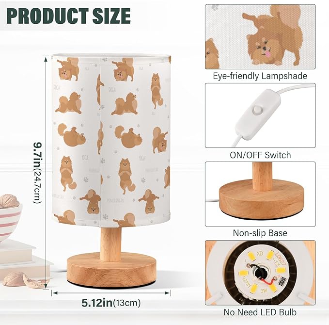 Yoga Pomeranian Dog Pattern Table Lamp with Wood Base Fabric Lamp Shade Bedside Nightstand Desk Lamp for Living Room Bedroom Kids Room Office