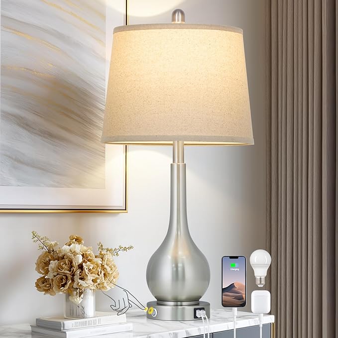 26" Silver Table Lamp for Living Room Single, Touch Control Bedside Lamp with USB Charging Ports, 3-Way Dimmable Brushed Nickel Bedroom Lamp for Nightstand (1 Pack)