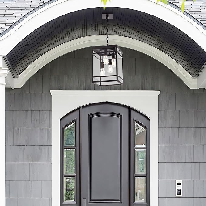 4-Light Outdoor Pendant Lights for Porch, Oil Rubbed Bronze Outdoor Chandelier 15.7'' Exterior Hanging Porch Light Fixtures w/Clear Glass, Waterproof Outside Pendant Lantern for Garage Foyer