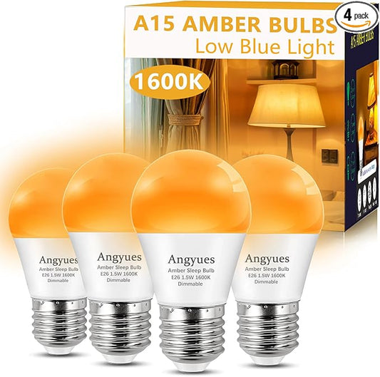 Amber Sleep Light Bulbs Dimmable, Blue Light Blocking, A15 1.5W(15 Watt Equivalent) Dim Light Bulbs for Lamp, 1600K Warm Light Bulb, E26 for Healthy Sleep, Bedroom, Kids Room, 4 Pack