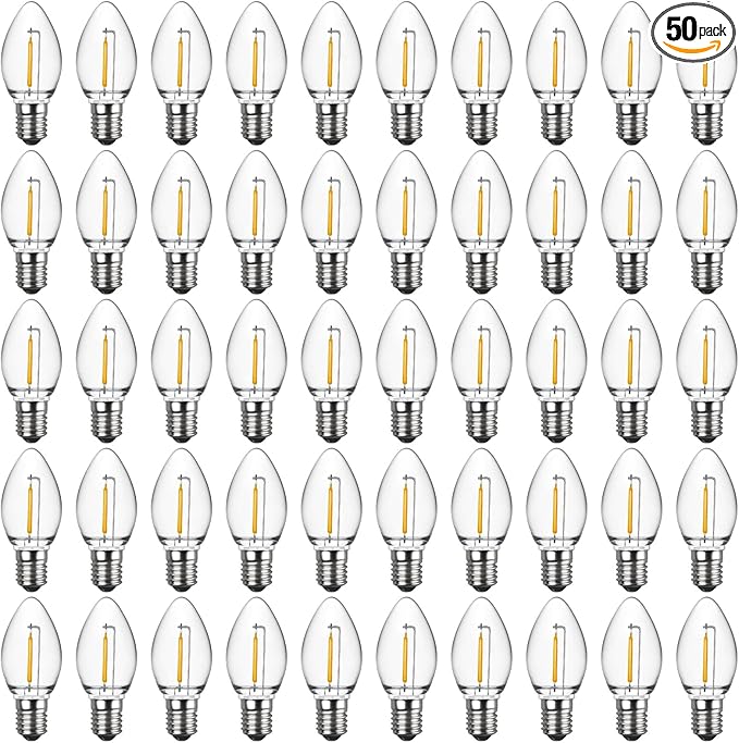 Meconard C7 Led Replacement Christmas Light Bulbs, C7 Shatterproof Led Bulbs for Christmas Outdoor String Lights, E12 Candelabra Base, Commercial Grade Holiday Bulbs, Warm White, 50 Pack