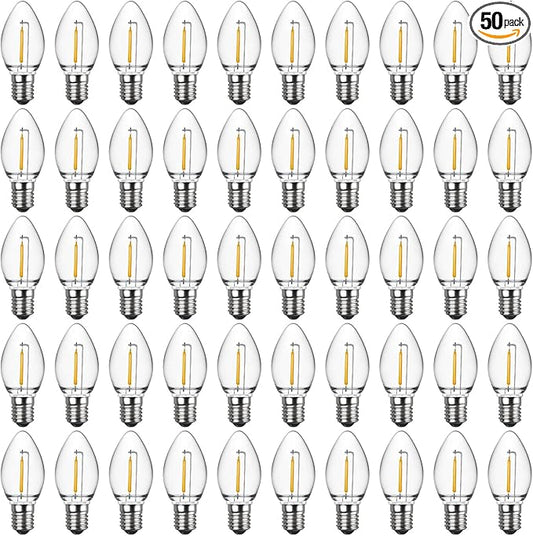 Meconard C7 Led Replacement Christmas Light Bulbs, C7 Shatterproof Led Bulbs for Christmas Outdoor String Lights, E12 Candelabra Base, Commercial Grade Holiday Bulbs, Warm White, 50 Pack