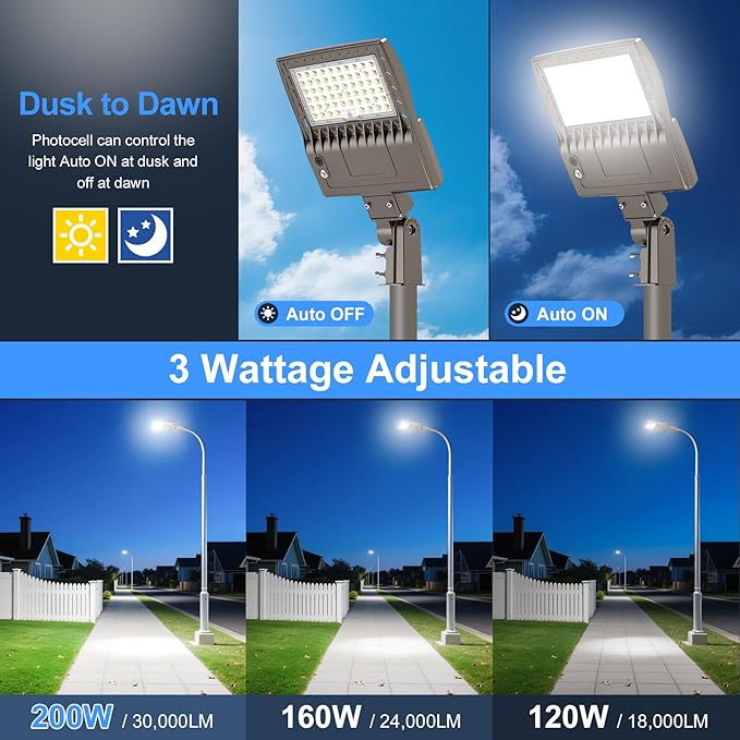 200W LED Parking Lot Light Power Adjustable, Dusk to Dawn LED Shoebox Flood Pole Light Outdoor Parking Lighting with Slip Fit 30,000LM 5000K IP65 Waterproof 100-277V DLC UL Listed