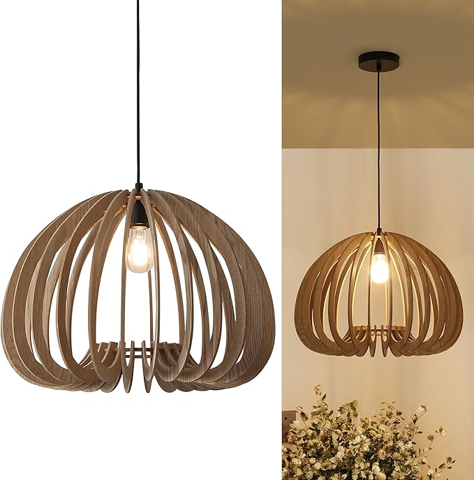 Vintage Wood Pendant Light Fixtures, Modern Farmhouse Walnut Dining Room Chandelier, Mid-Century Ceiling Mount Hanging Light Fixture for Kitchen, Bedroom, Living Room, Foyer, Art Decor, Black