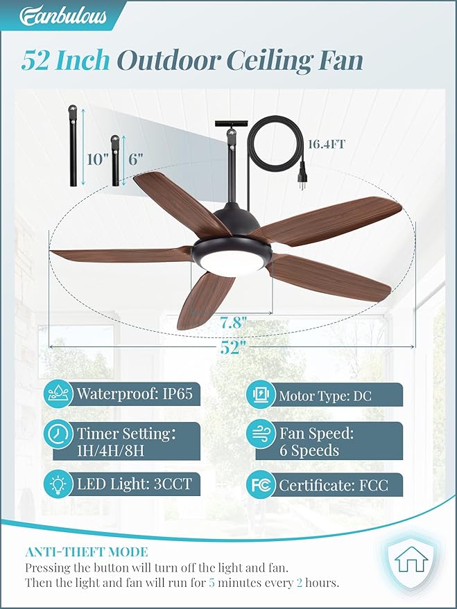 52 Inch Wet Rated Outdoor Ceiling Fan with Lights and Remote,IP65 Hanging Gazebo Fan with 3CCT 6-Speed DC Motor,Brown Waterproof Plug in Ceiling Fan with Cord for Patios Porch Pergola Pavilion