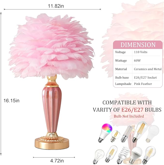 Pink Feather Lamp Creative Bedside Lamp Feather Table Lamp Cute Furry Goose Nightstand Light for Girl Bedroom Wedding Decor Living Room Hotel Office Valentines Dating Gift