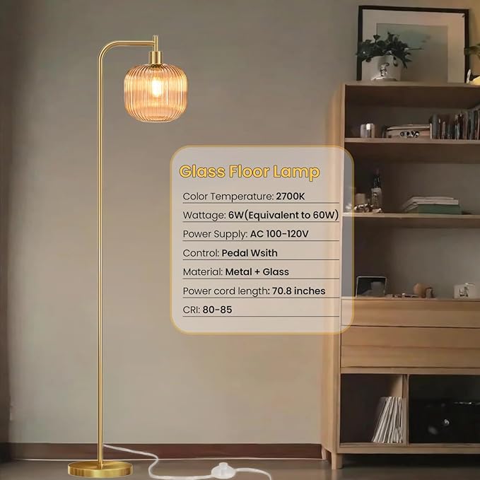Glass Floor Lamp,67" Modern Standing Lamp with Sunset Grapefruit Glass Lampshade Metal Pole for Living Room, Bedroom, Office - Heavy Base,Pedal Switch (Include Bulb)(Amber)