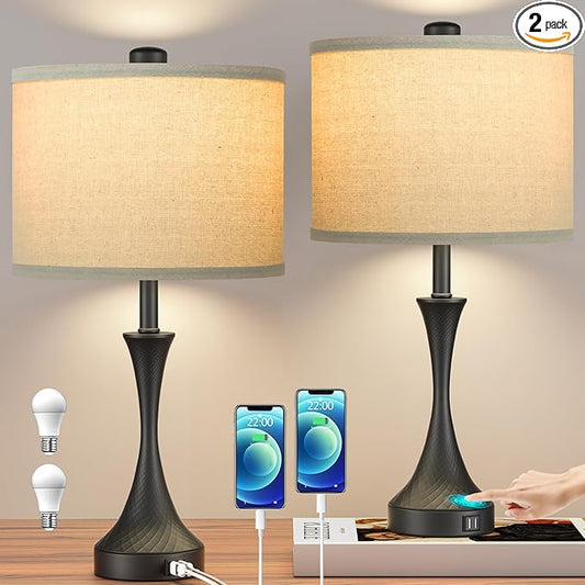26" Black Touch Table Lamps for Living Room, Modern Farmhouse Touch Lamps for Night Stands Set of 2 with USB Ports, 3 Way Dimmable Bedside Lamps for Bedroom Side Table