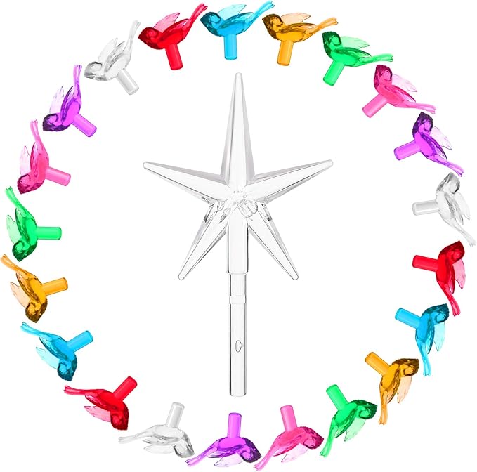 Mudder 100 Pieces Ceramic Christmas Tree Bird Bulbs and 5 Pieces Stars Replacement Plastic Bulbs for Ceramic Christmas Tree Decorations(Chic Colors)