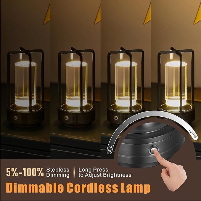 Rechargeable Table Lamp Cordless, 3 Color | Crystal | Stepless Dimming, for Dining Room, Living Room, Bar, Cafe, Restaurant, Patio, Camping, Pack of 2 (Black)