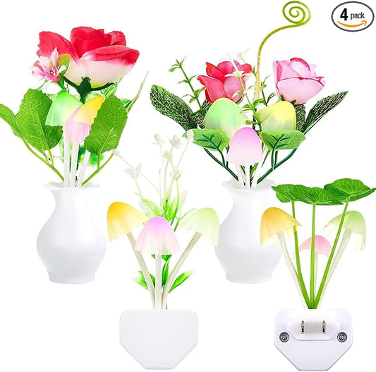 Mudder 4 Pcs Sensor Mushroom Night Lights LED Night Lights 7 Color Changing Plug-in Light Sensor Wall Lamp for Adults Bedroom, Bathroom, Christmas Party Gift(Red Lilies, Purple Lilies, Rose, Tulip)