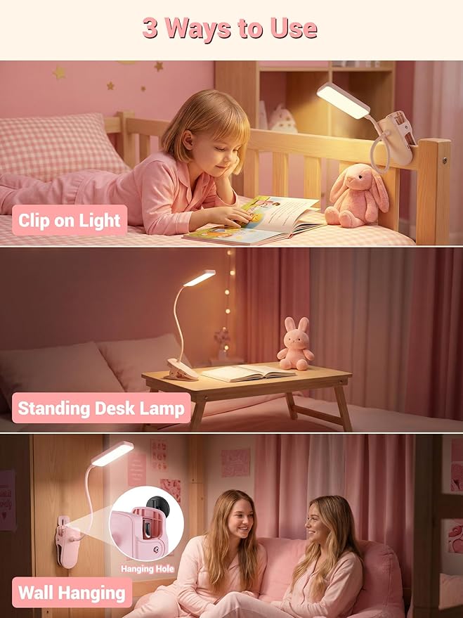 Pink Desk Lamp with Clamp Light,9 Brightness+5 Color Clip on Light,4000mAh Battery Rechargeable Desk Lamp Cute,48 LED Desk Light,Cordless Small Clip on Reading Light for Bed/Headboard/Bedside Table
