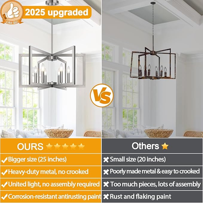 25" Modern Brushed Nickel Chandelier for Dining Room, No Assembly Required Brushed Nickel Dining Room Light Fixture Over Table, Industrial Metal Hanging Pendant Lights Fixture for Kitchen Island