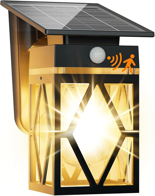 Solar Porch Lights Outdoor, Dusk to Dawn & Motion Sensor Solar Wall Light with Lantern Shape, 3 Modes IP65 Waterproof, E26 Bulb Exterior Sconce for Front Porch, Garage, Patio Security