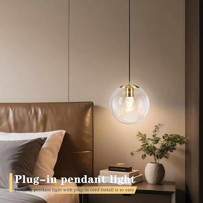 KoKo&Yukina 8" Globe Pendant Light Gold Plug in Pendant Light Adjustable Hanging Lights with Plug in Cord Brushed Gold Finished with Clear Glass Lampshade for Bedroom Kitchen Island（Bulb Included）