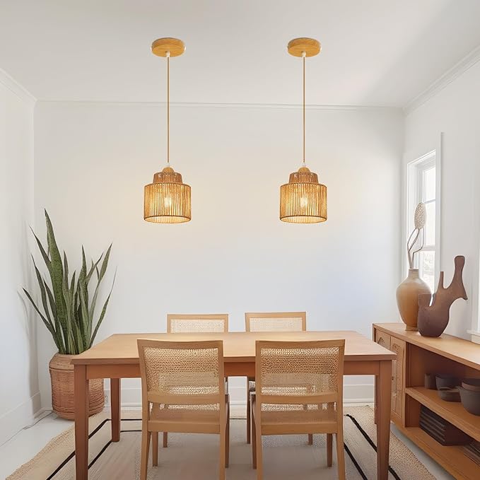 2 Pack Boho Rattan Pendant Light Kitchen Island,Farmhouse Chandeliers Adjustable Height Hanging lamp for Dining Room,Kitchen Ceiling Lights Fixtures with Round Woven Wicker Lampshade Lighting