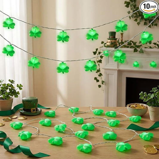 Outdoor Shamrock String Lights, 8.5Ft Saint Patricks Day Decorations with 10 Clover Lights, Plug in Shamrocks Green Lights for Party Bar Home Garden Decor,White Wire