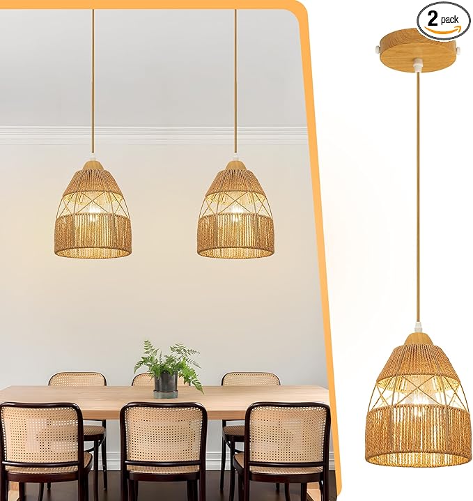 2 Pack Boho Rattan Pendant Light Kitchen Island,Farmhouse Chandeliers Adjustable Height Hanging lamp for Dining Room,Kitchen Ceiling Lights Fixtures with Hand Woven Wicker Lampshade Lighting