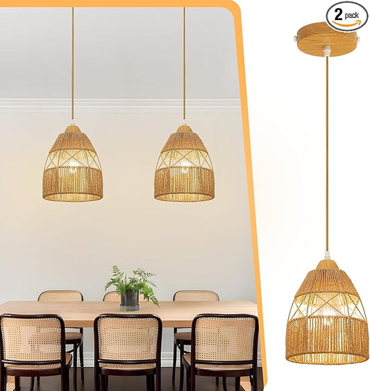 2 Pack Boho Rattan Pendant Light Kitchen Island,Farmhouse Chandeliers Adjustable Height Hanging lamp for Dining Room,Kitchen Ceiling Lights Fixtures with Hand Woven Wicker Lampshade Lighting