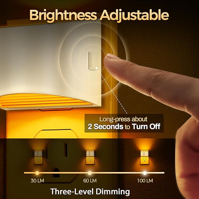DORESshop LED Night Light[4 Pack], Night Lights Plug into Wall, 3 Level Brightness Adjustable Plug in Night Light, Dusk to Dawn Sensor Nightlights for Adults,Bedroom,Bathroom,Hallway,Amber White Cover