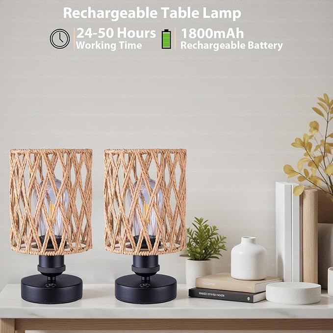 Cordless Outdoor Table Lamps, Small Rattan Boho, Rechargeable Battery Operated for Outdoor Patio, Home, Living Room, Bedroom, Bedside - Set of 2 (Beige-A)