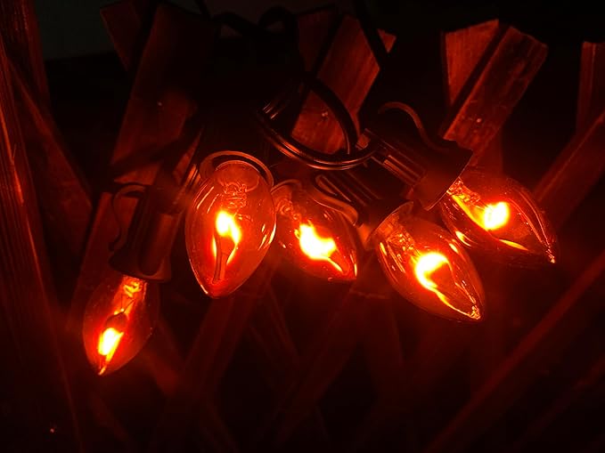 Halloween Flicker Flame Light Bulbs, C7 Clear Replacement Bulbs Dances with Orange Flame, Great for Halloween Party Outdoor Indoor String Light, E12 Candlestick Base, 25 Pack