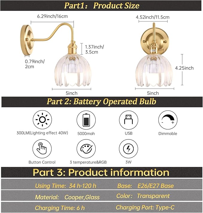 Vintage Battery Operated Wall Sconce Set of 2, 5000mAh Rechargeable Wall Light, Indoor Battery Powered Wall Lamp for Bedside Bedroom Living Room, Tulip Clear