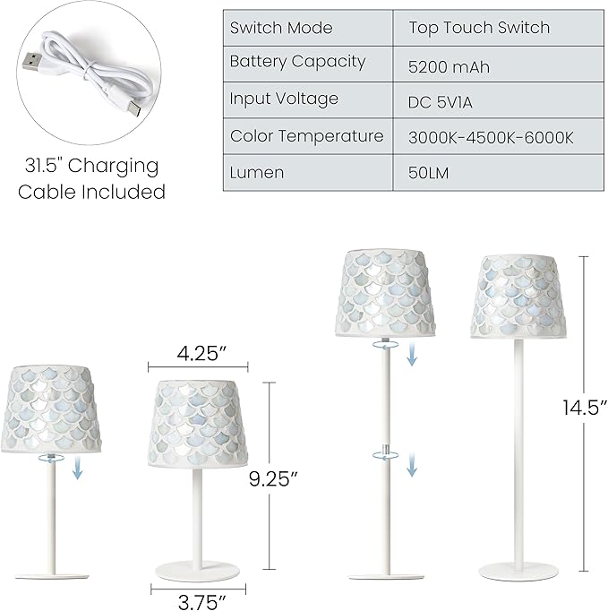 AELS Mosaic Rechargeable Lamps Cordless White Lamps Set of 2, 5200mAh Handmade Portable LED Touch Table Lamps, 3 Color Stepless Dimming Battery Powered Lamp, Wireless Lamp for Wedding Bedroom
