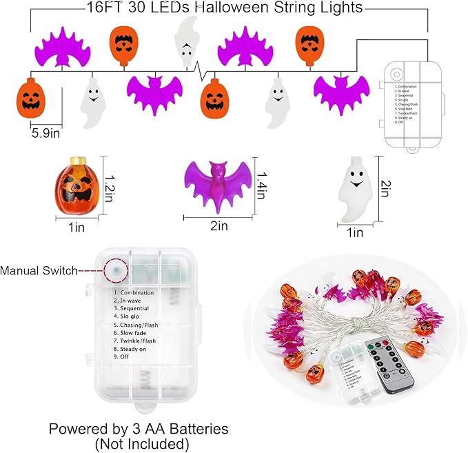 Halloween Lights Battery Operated -16FT 30 LED 3D Waterproof Ghost Bat Pumpkin String Lights with Timer-8 Lighting Modes Hanging Decor for Home Room Door Window Indoor Outdoor Porch Party Decorations