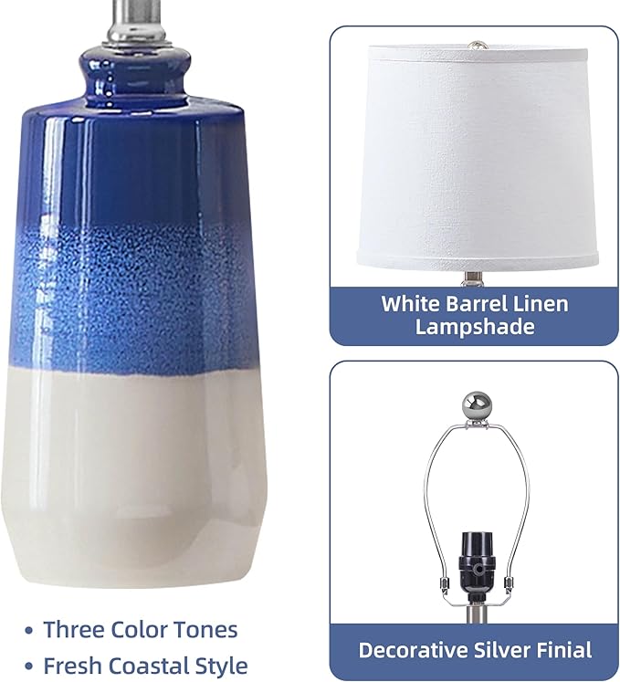 20.5" Ceramic Blue Lamps for Nightstand Set of 2, Blue Table Lamps for Living Room Set of 2, Coastal Table Lamps for Bedroom with White Barrel Lampshade, Blue White Ceramic Lamps for Small Space