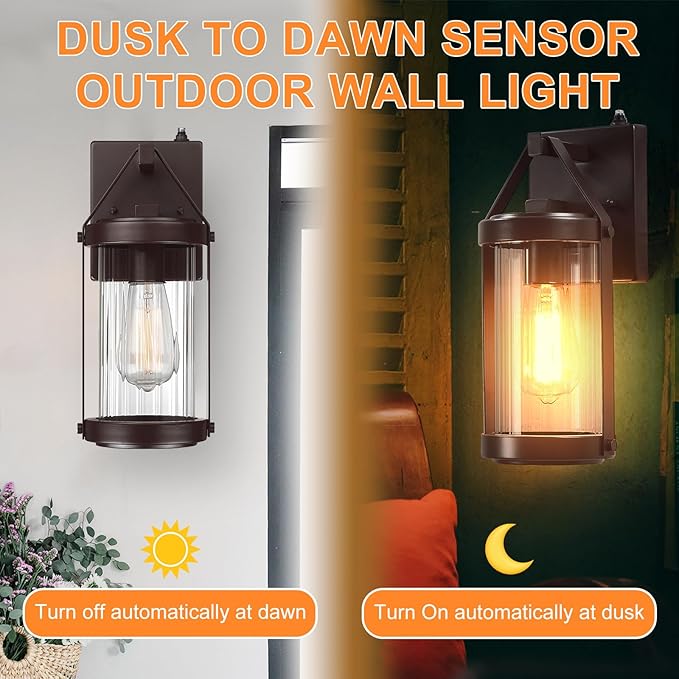 LONEDRUID 2 Pack Dusk to Dawn Sensor Outdoor Wall Sconce Lighting Waterproof Exterior Porch Lantern Rustic Outside Garage Light Fixtures Wall Mount for House Patio Front Door