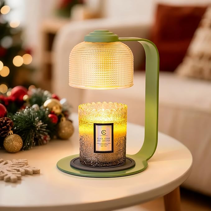 Candle Warmer Lamp with Clear Glass Globe and Timer & Dimmable Light - Jar Candle Melter Green Minimalist Metal Frame, Home Decor Gift Set (Includes 2 Bulbs)