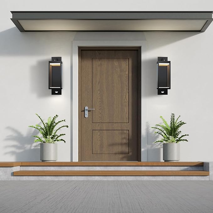 Outdoor Light Wall Sconce Motion Sensor Porch Light for House,15" LED Modern Exterior Lighting Fixture Black,Waterproof Outside Lantern with Clear Glass for Garage Patio Garden